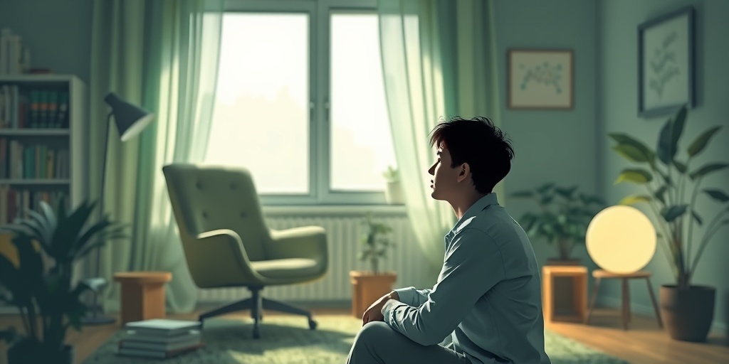 An individual contemplating professional help for job stress in a cozy room, surrounded by comforting elements and soft lighting.  5.png