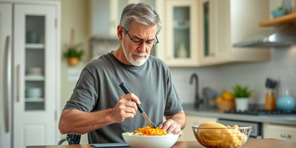 An individual prepares a meal using adaptive tools in a bright kitchen, symbolizing resilience and independence.  4.png