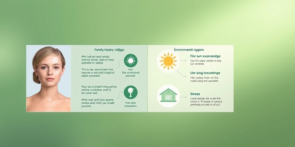 An informative split-screen image illustrating vitiligo risk factors, featuring family history and environmental triggers against a calming green backdrop. 3.png