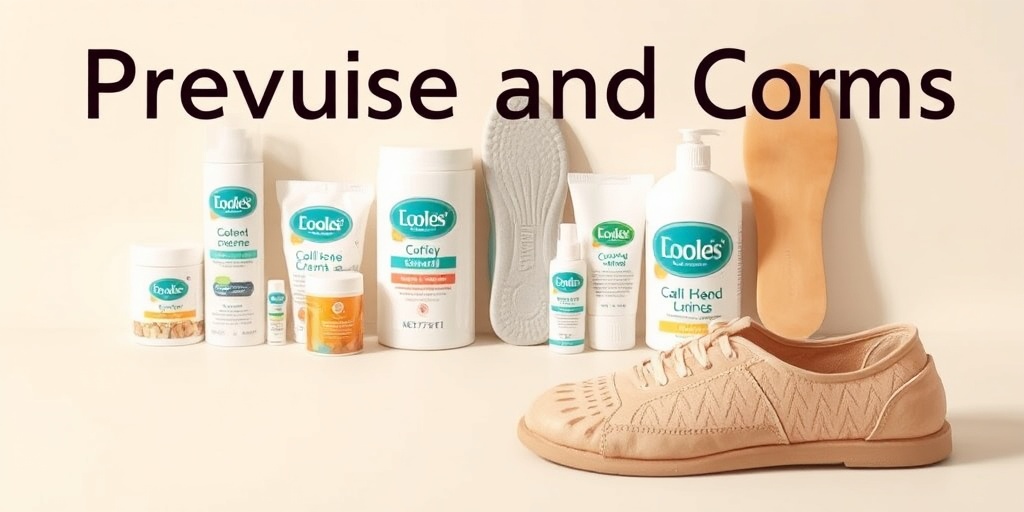 An organized display of foot care products on a creamy white background highlights prevention tips for calluses and corns.  5.png