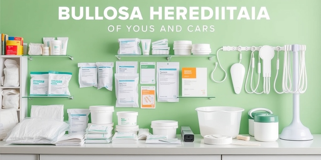 An organized display of medical supplies for Bullosa Hereditaria treatment in a bright, modern clinic. 4.png
