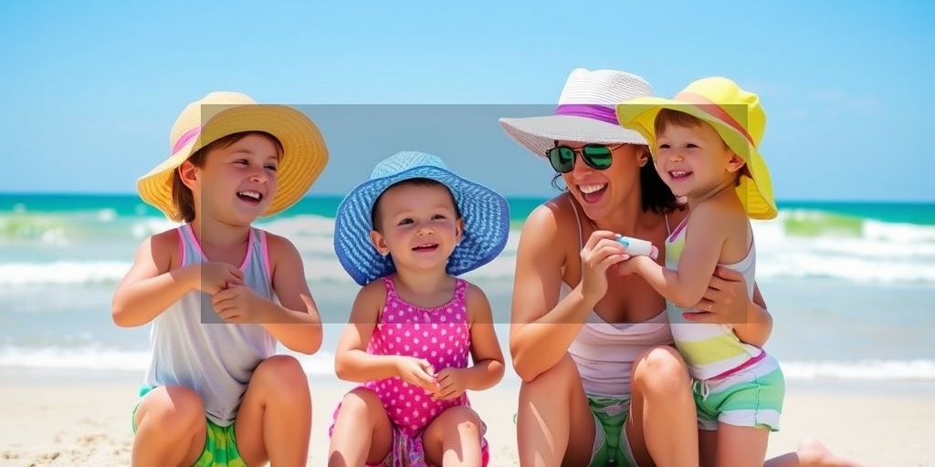Children play at the beach, applying sunscreen with a parent, showcasing sun safety in a cheerful setting.4.png