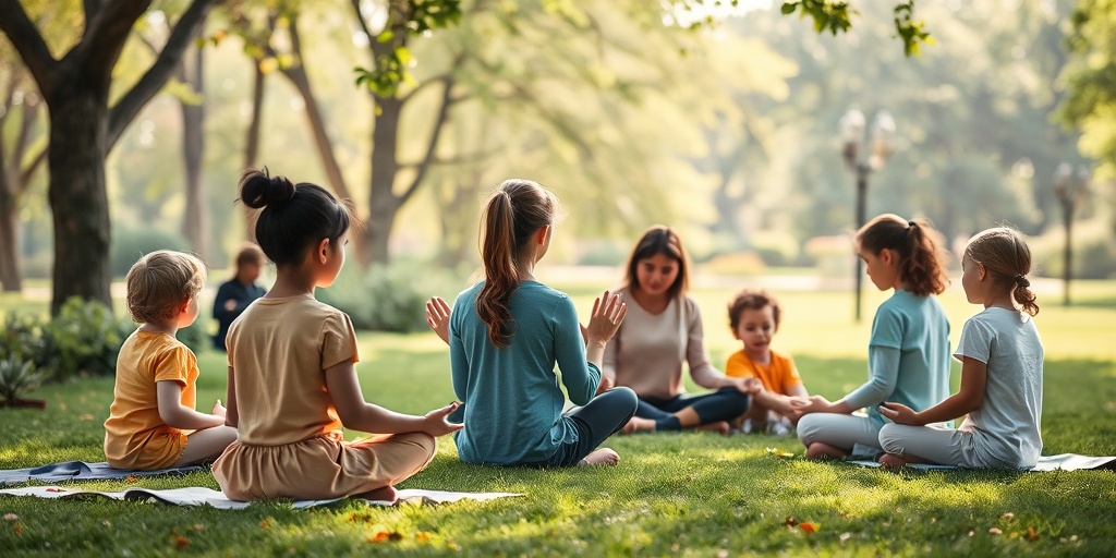 Children practice mindfulness in a serene park, engaging in yoga and meditation under the guidance of a caring adult.  4.png