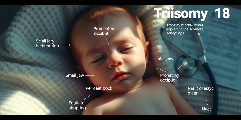 Close-up of a baby's face with Trisomy 18 features, lying on a textured blanket with medical tools nearby.  2.png