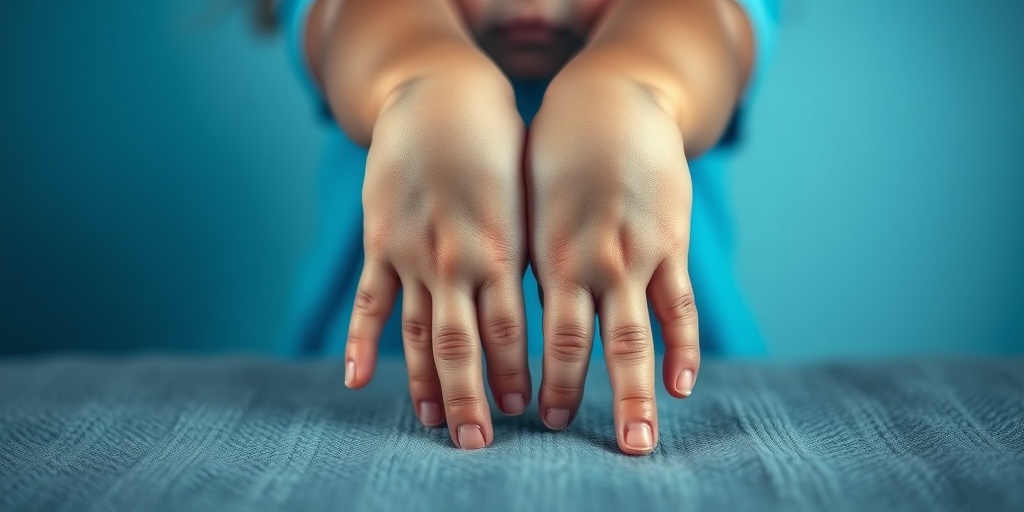 Close-up of a child's hands affected by Hunter Syndrome, highlighting joint stiffness and swelling on a textured surface.  2.png