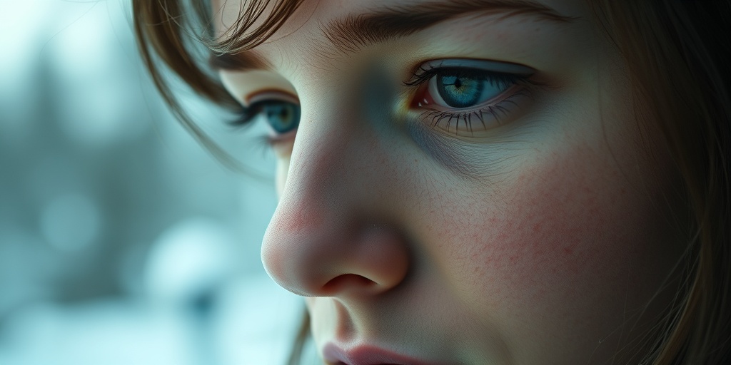 Close-up of a person's face reflecting winter blues, with soft lighting highlighting their contemplative expression.  2.png