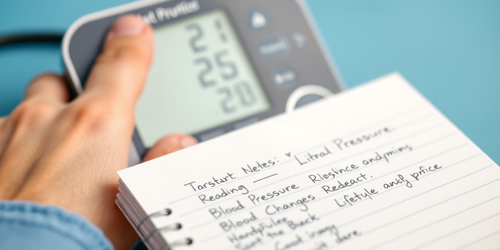 Close-up of a sleek blood pressure monitor with vital stats, a hand pressing start, and a notepad of health notes. 2.png