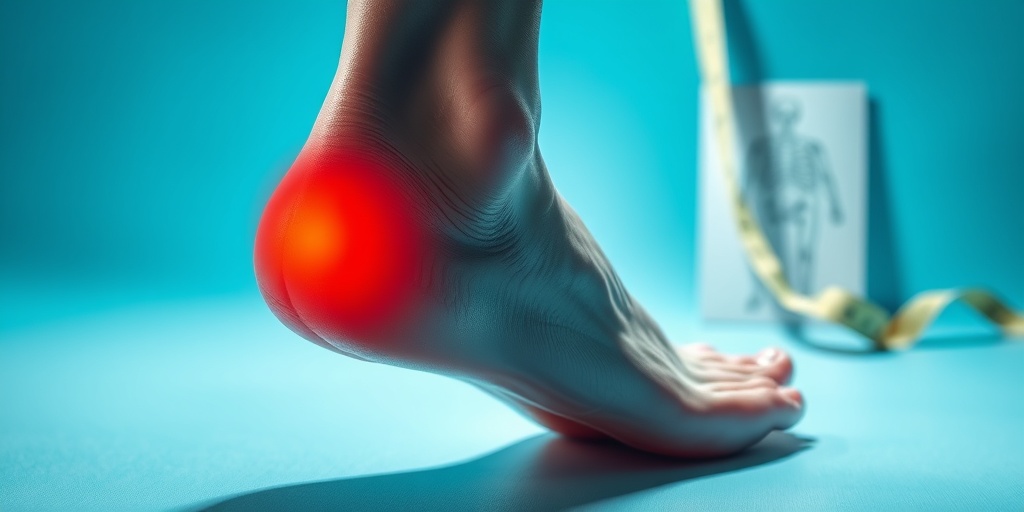 Close-up of a swollen foot with redness around the heel, set against a clinical blue backdrop, highlighting Valgus Calcaneus symptoms.  2.png