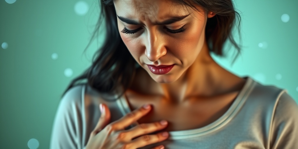 Close-up of a woman's face showing discomfort, hand on abdomen, with calming background elements symbolizing nerve pathways.  2.png