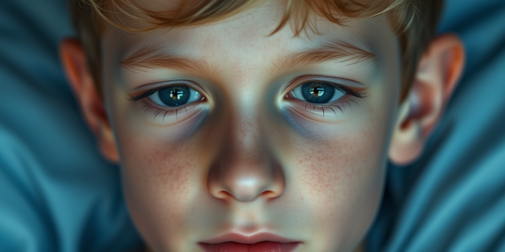 Close-up of a young adult with Treacher Collins Syndrome, highlighting slanted eyes and a gentle expression against a blurred blue background.2.png