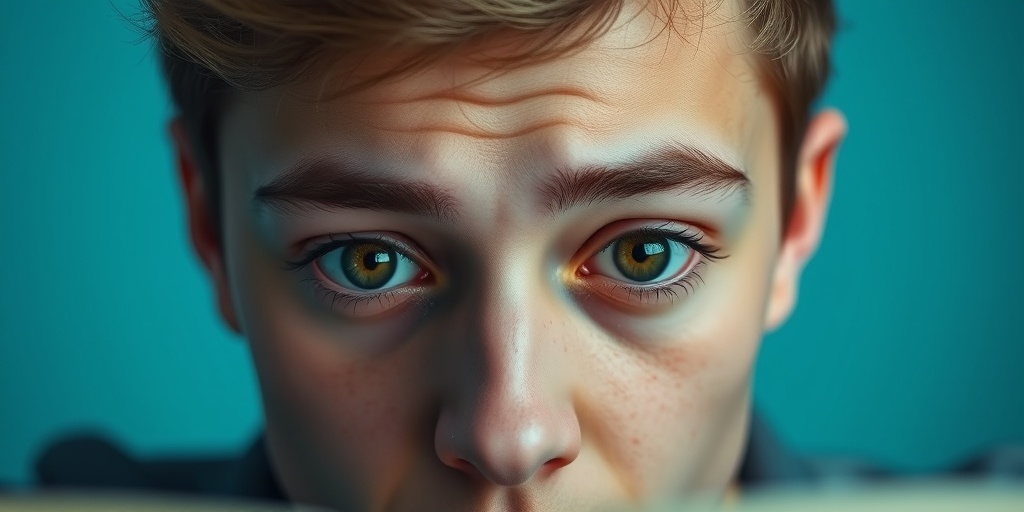 Close-up of a young adult's eyes oscillating, with a thoughtful expression against a serene blue background.  2.png