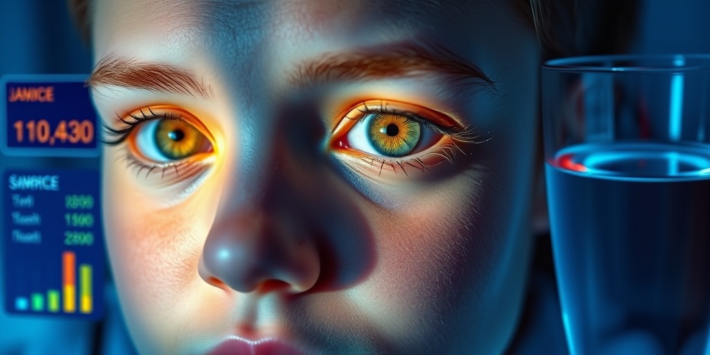 Close-up of jaundiced eyes and skin against a soft blue background, highlighting dramatic lighting and medical context.  2.png