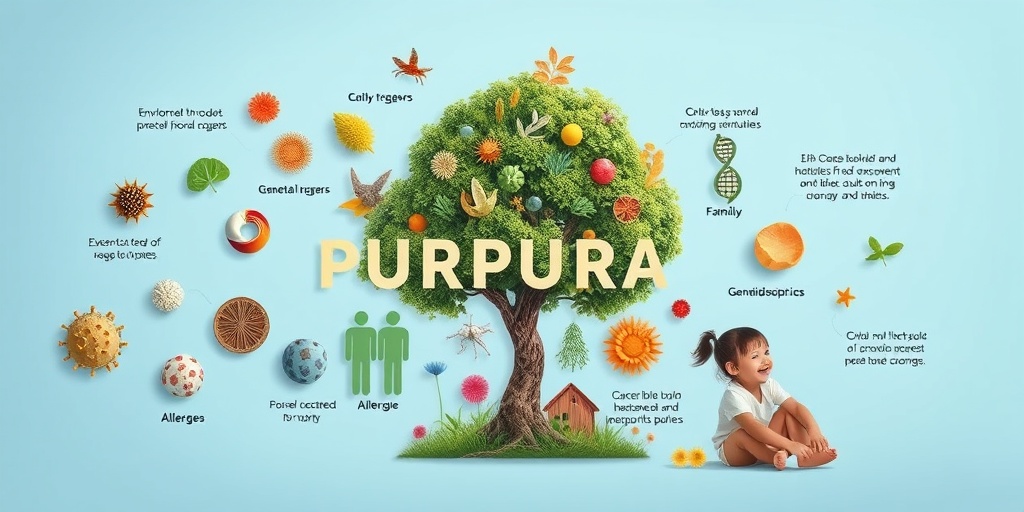 Collage of risk factors for purpura, featuring allergens and a family tree, set against a serene blue background. 3.png