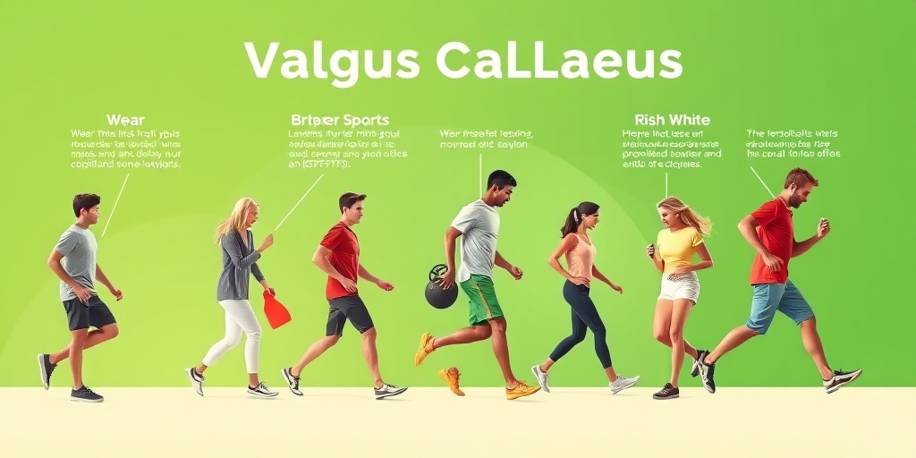 Diverse individuals engage in activities contributing to Valgus Calcaneus, surrounded by a harmonious blend of green and creamy whites.  3.png
