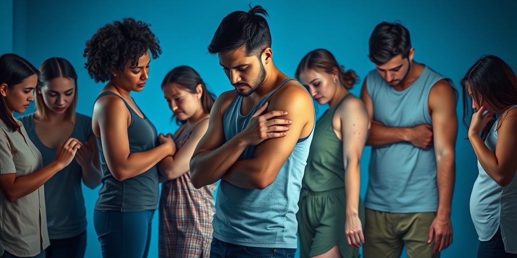 Diverse individuals examining their skin, showcasing varying Bowen's Disease symptoms in a softly lit blue environment.2.png