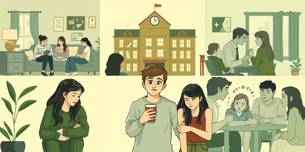 Diverse teenagers in various settings illustrate causes of substance abuse, highlighting peer pressure and mental health struggles.  3.png