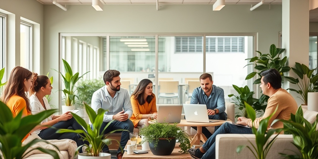 Employees collaborating in a bright workspace, engaging in discussions and team-building activities, fostering a supportive environment.  4.png