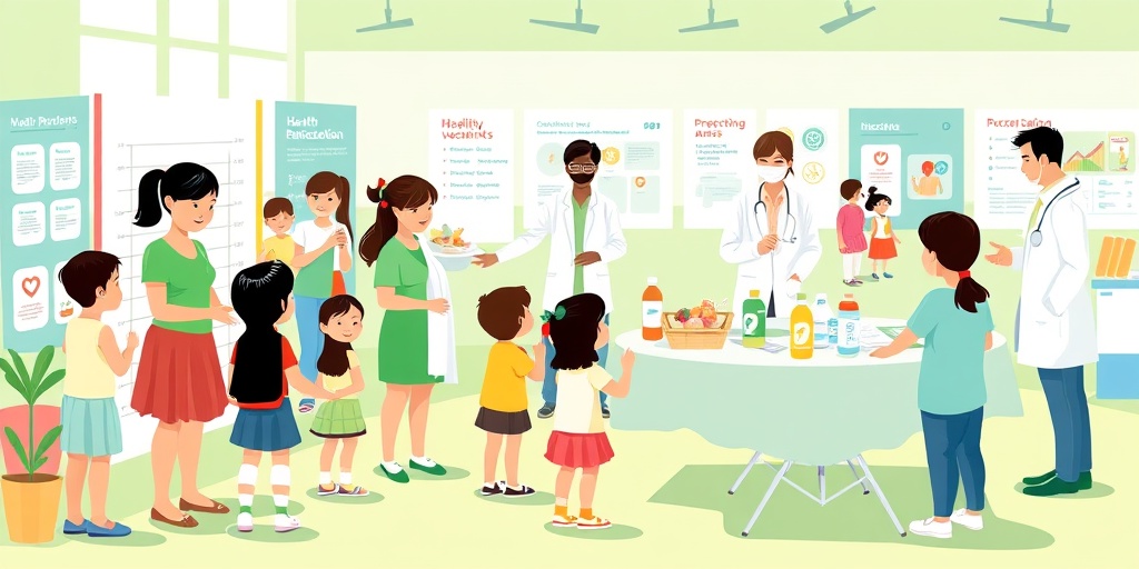 Families engage in wellness activities at a vibrant health fair, measuring height and weight while learning about nutrition.  3.png