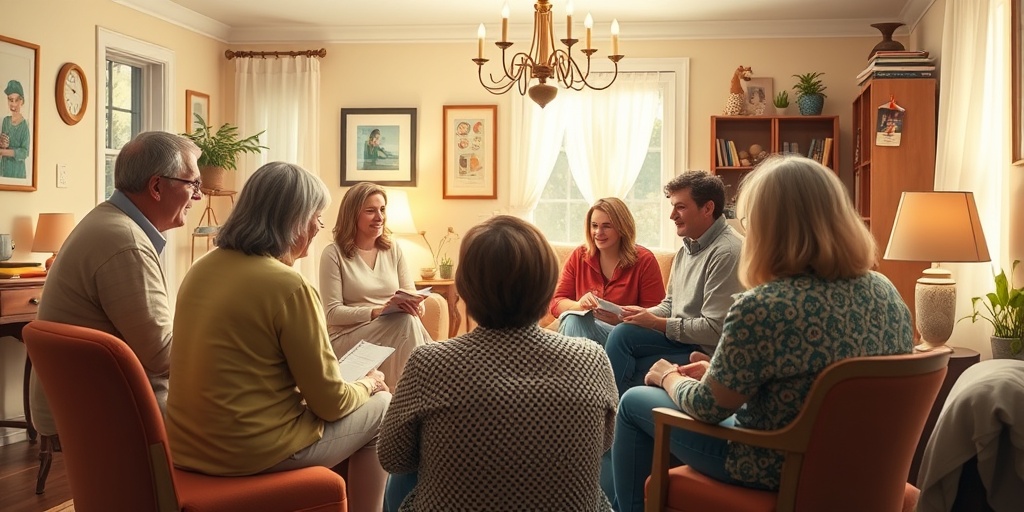 Families gather in a cozy support group, sharing experiences about Treacher Collins Syndrome in a warm, inviting atmosphere.5.png