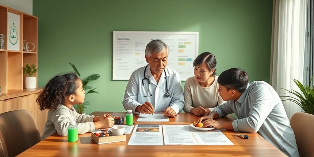 Healthcare professional discusses treatment options with a family, showcasing medication and lifestyle adjustments in a supportive setting. 4.png