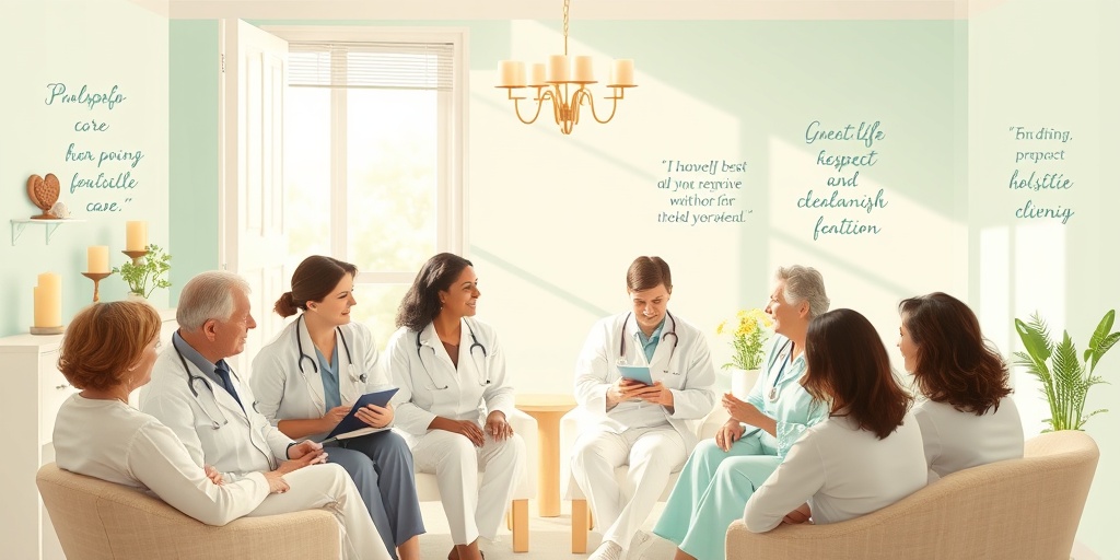 Healthcare professionals engaged in a thoughtful discussion, surrounded by symbols of compassion in a sunlit room.  2.png