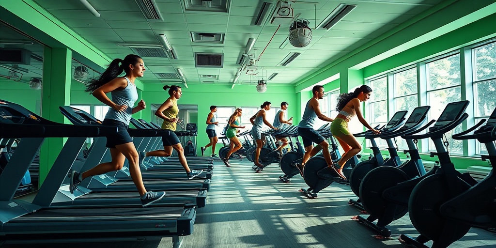 Individuals engage in a dynamic cardio routine, running on treadmills and cycling, surrounded by vibrant studio energy and movement.  3.png