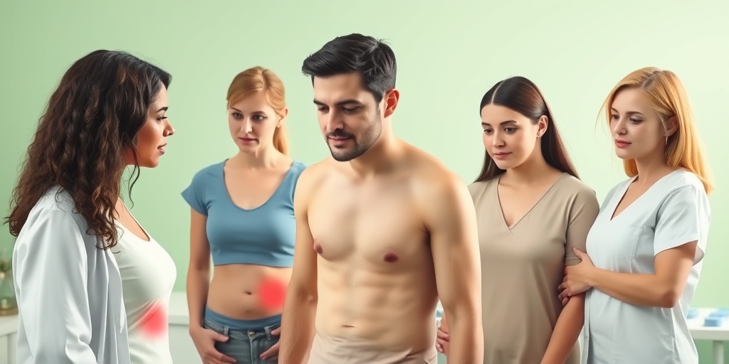 Individuals in a medical room displaying liposarcoma symptoms, surrounded by soft lighting and a calming green backdrop.  2.png