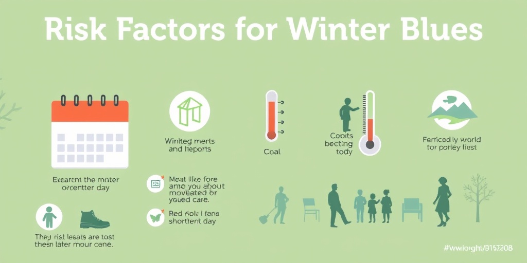 Infographic illustrating winter blues risk factors, featuring icons like calendars and thermometers on a calming background.  3.png