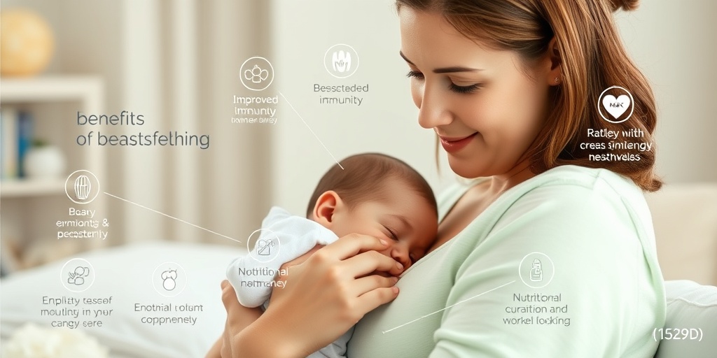 Infographics highlight breastfeeding benefits while a mother nurtures her baby in a bright, inviting space.2.png