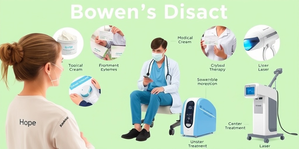 Medical professional discussing Bowen's Disease treatments with a patient, featuring topical creams and equipment in a clinical setting.4.png