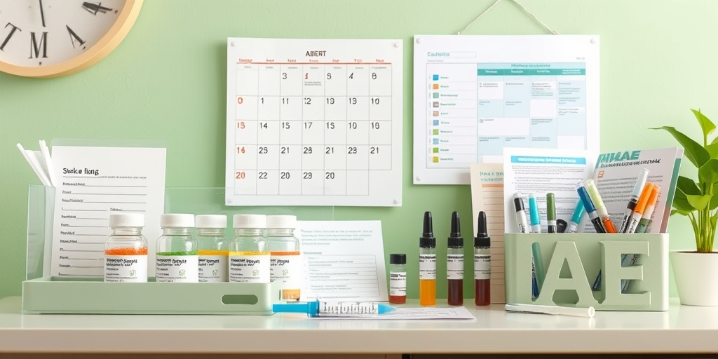 Organized medication station for HAE management, featuring vials and educational materials in a bright, inviting space.4.png