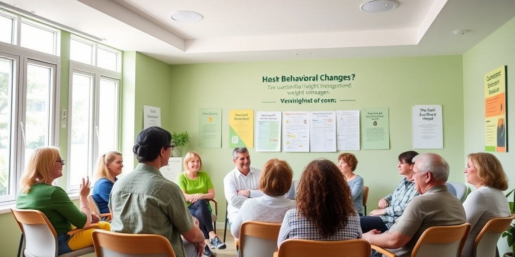 Participants in a group therapy session share experiences and strategies for weight management in a supportive, well-lit environment.  4.png