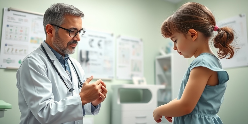 Pediatrician examines a child with purpura symptoms, creating a caring atmosphere in a well-lit examination room. 2.png