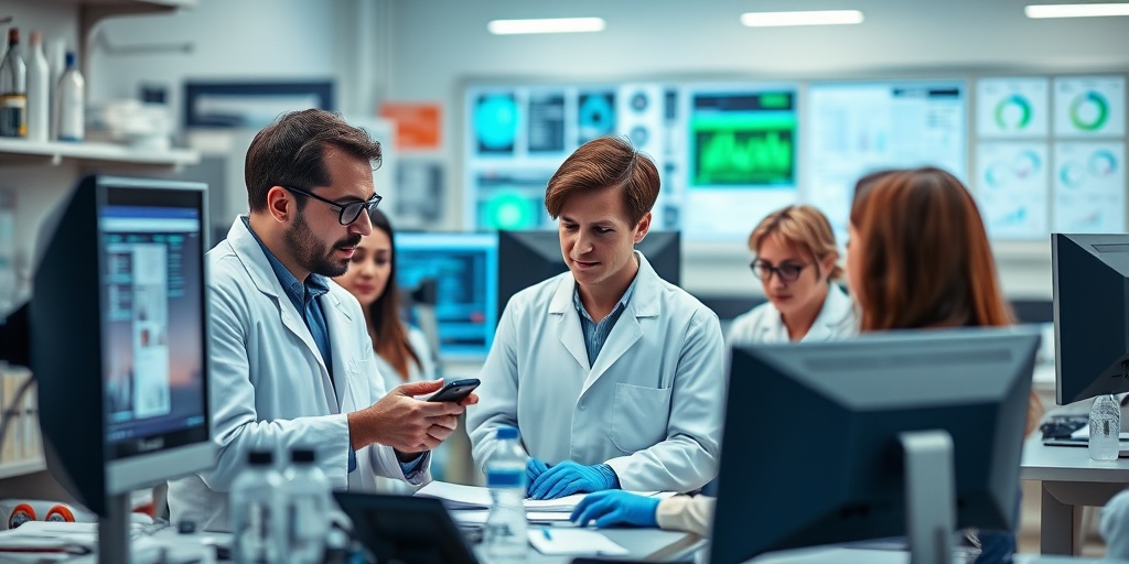 Researchers collaborate in a lab, analyzing data and discussing findings, symbolizing hope for Lambert-Eaton Myasthenic Syndrome.  5.png