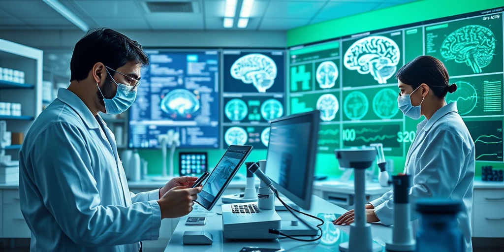 Researchers in a modern lab analyzing data on Agenesis of Commissura Magna Cerebri, showcasing advanced technology and hope.  5.png