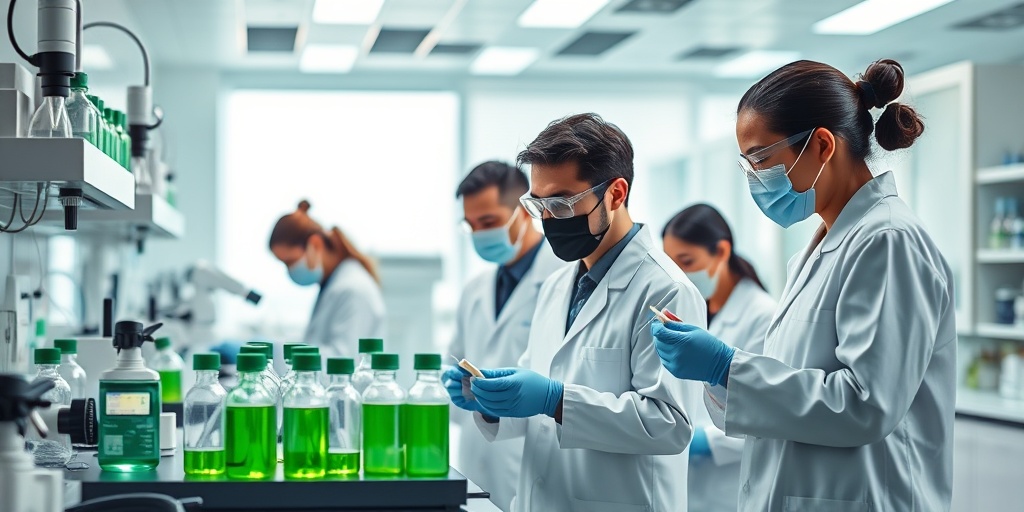 Scientists collaborate in a research laboratory focused on Halushi-Behcet's, surrounded by advanced technology and a bright, inspiring atmosphere. 5.png