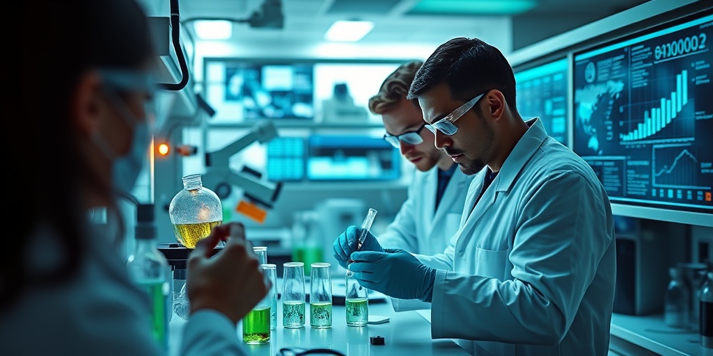 Scientists conduct research on Guenther Porphyria in a lab, showcasing advanced equipment and a hopeful atmosphere for future breakthroughs. 5.png