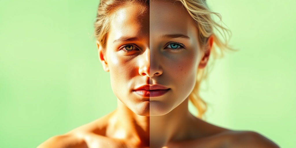 Split-screen image illustrating Bowen's Disease risk factors: sun exposure versus fair skin and family history, in harmonious colors.3.png