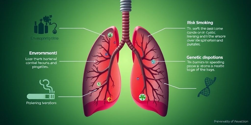 Visual elements of risk factors for cystic lung disease, including pollutants and smoking, set against a health-themed green background.  3.png