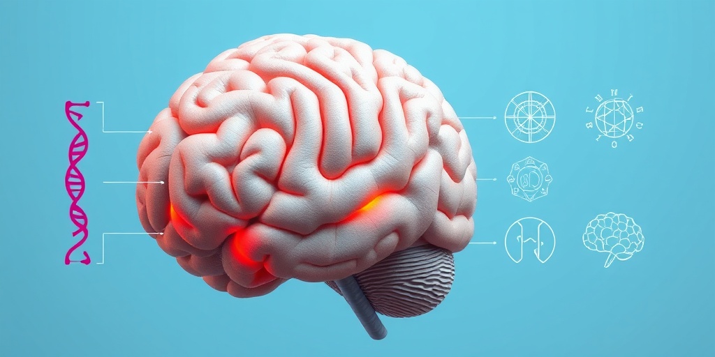 A 3D render of a brain highlights neurological factors of bipolar disorder, surrounded by abstract symbols of its causes.  3.png