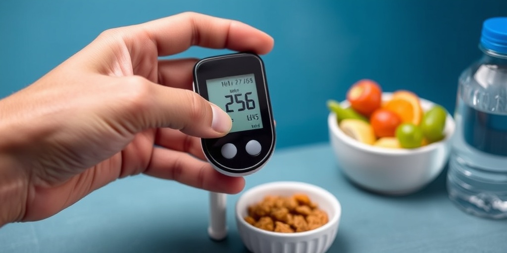 A blood glucose monitor displays a reading, with healthy snacks nearby, illustrating the balance of diet and monitoring.  5.png
