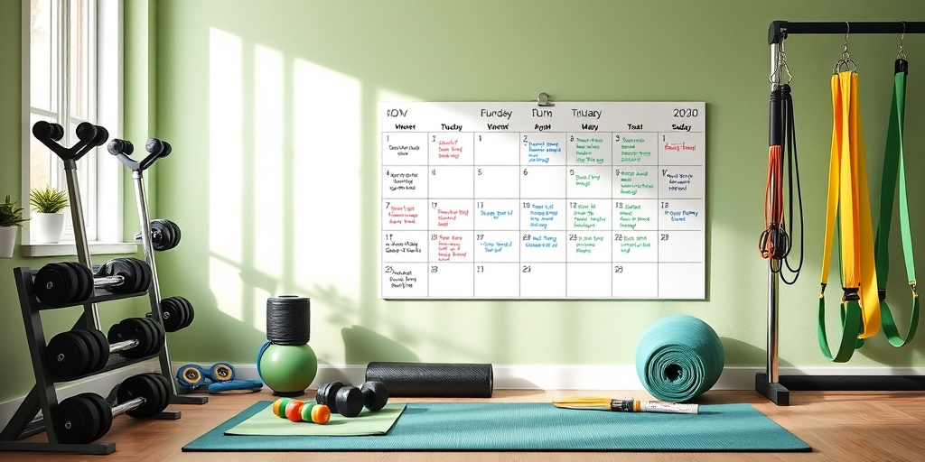 A bright home gym features various equipment and a motivational calendar, promoting commitment to fitness goals.  4.png