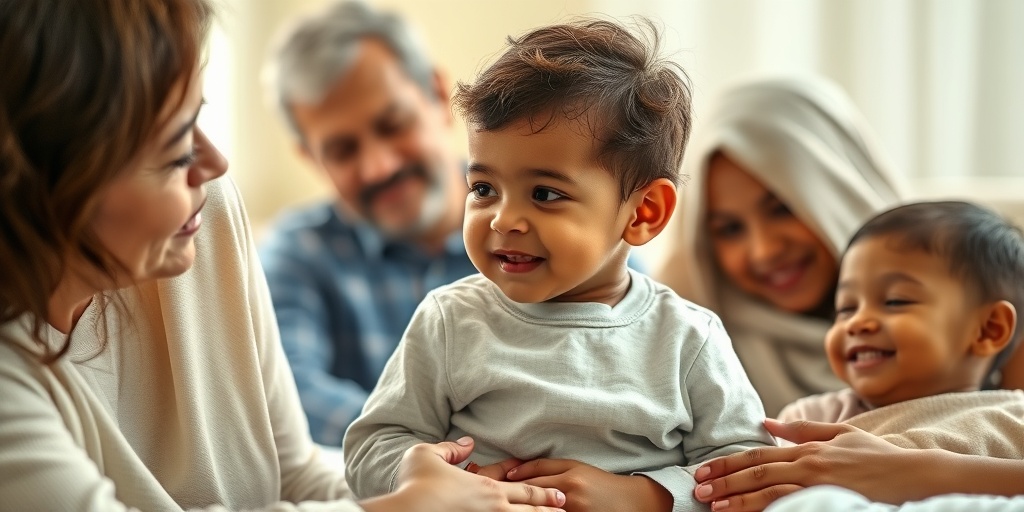 A child with motor difficulties is lovingly supported by family, surrounded by soft greens and creamy whites in a nurturing space.2.png