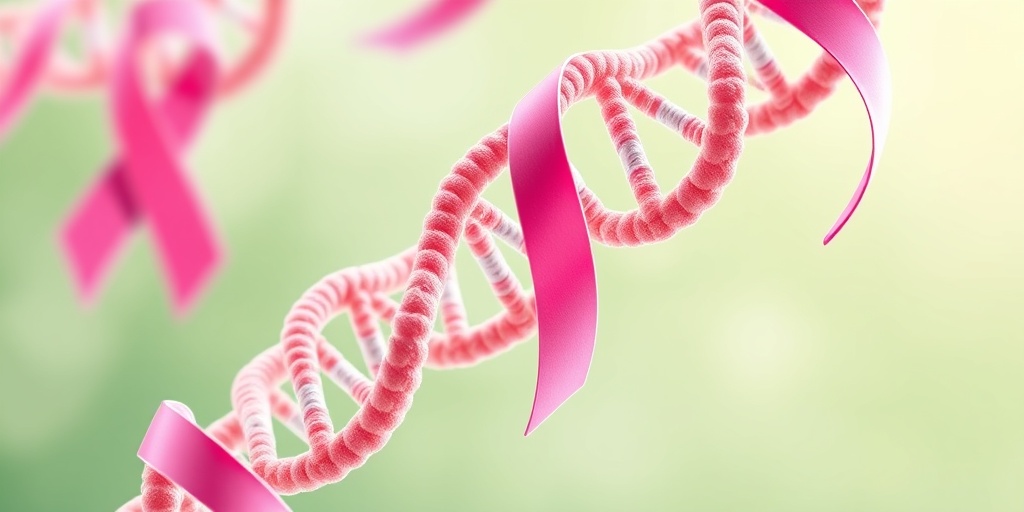 A close-up of a DNA double helix intertwined with vibrant pink ribbons, symbolizing breast cancer awareness.  2.png