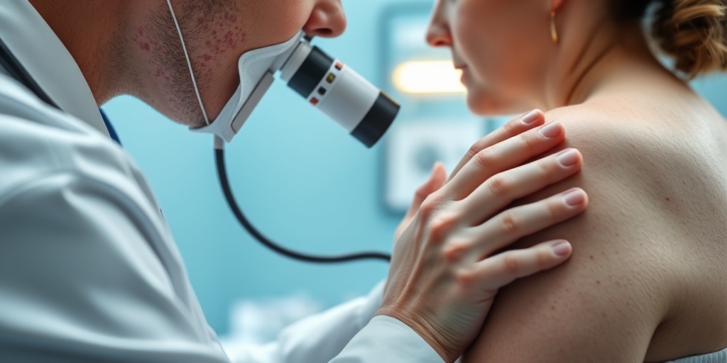 A close-up of a doctor examining a patient's arm for HHT symptoms, showcasing red spots under a dermatoscope in a calming clinic.2.png