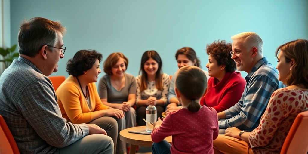 A community support group meeting, diverse families sharing experiences in a warm, inviting atmosphere of empathy and connection.  5.png
