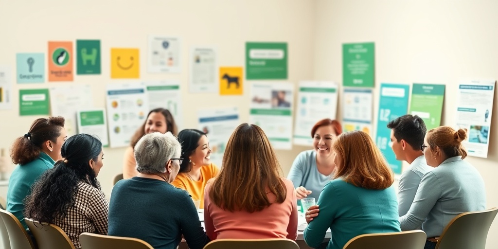 A community support group meeting showcases diverse individuals sharing experiences, fostering connection and understanding in a warm atmosphere.  5.png
