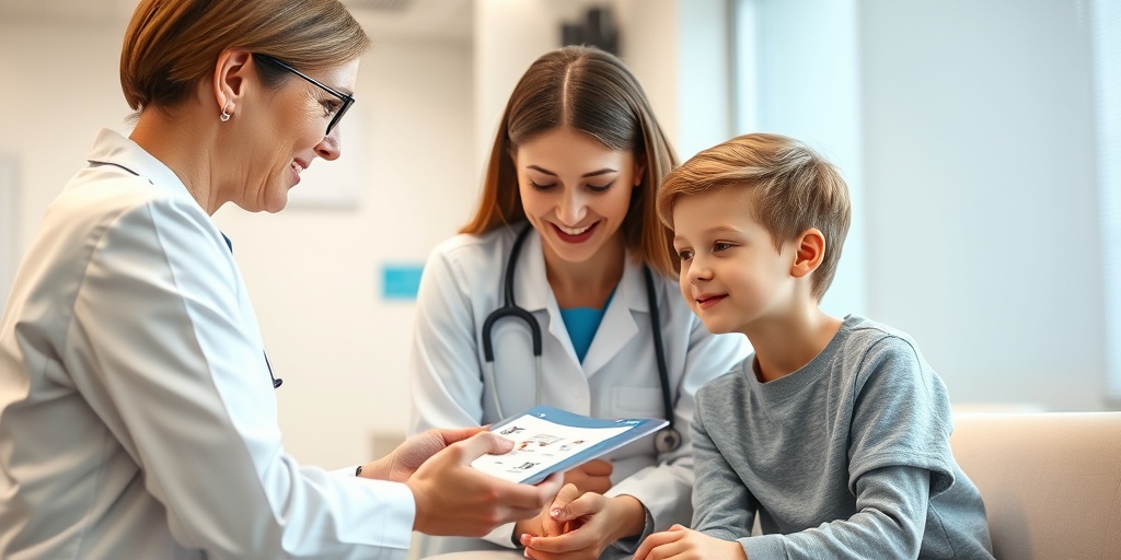 A compassionate healthcare professional demonstrates treatment options for Rheumatic Chorea in a modern clinic, emphasizing hope and support.  4.png
