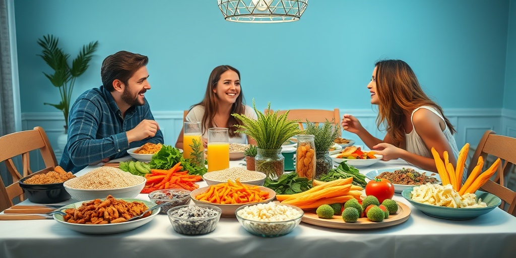 A cozy dining room filled with healthy dishes, where a family shares smiles over a nutritious meal.  2.png