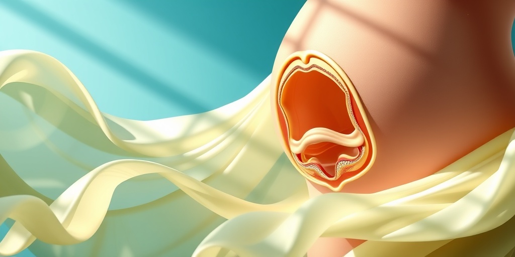 A cross-sectional view of the cervix during pregnancy, surrounded by soft colors, illustrating anatomical changes.  2.png